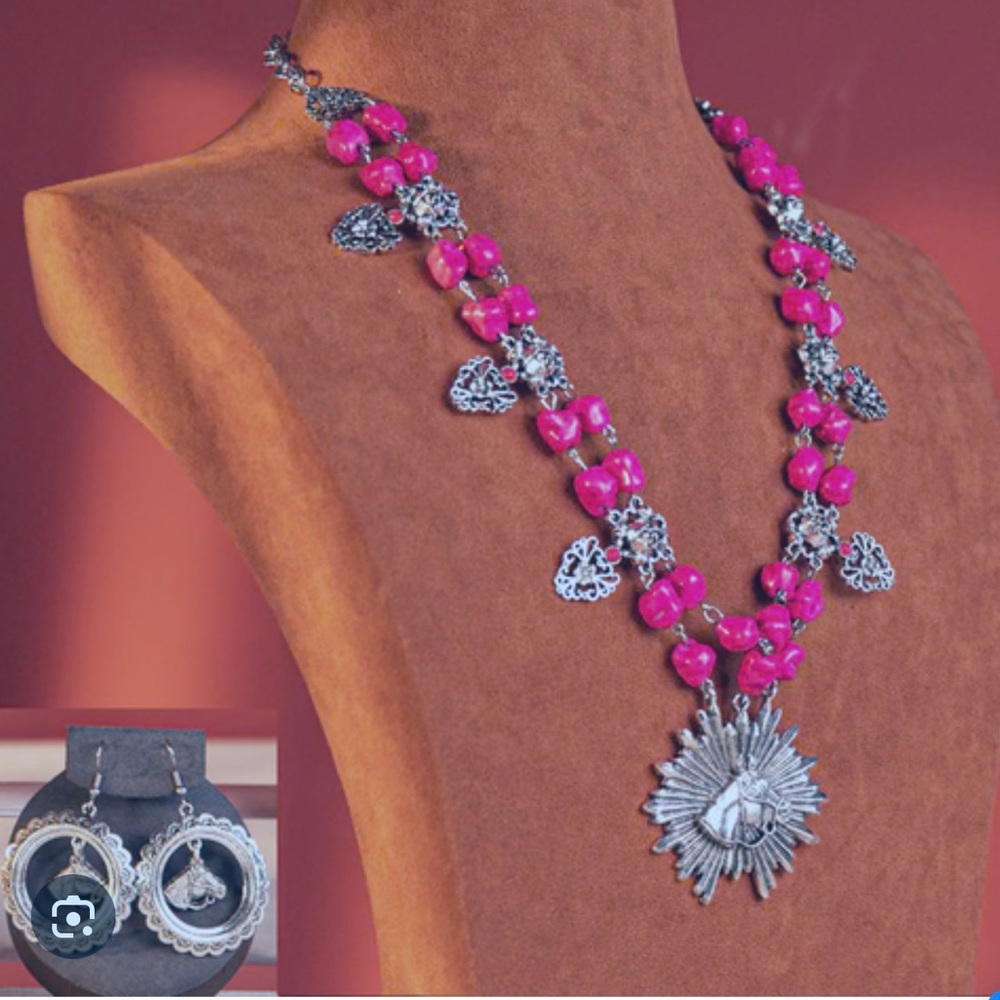 Pink and Silver Necklace and Earring Set